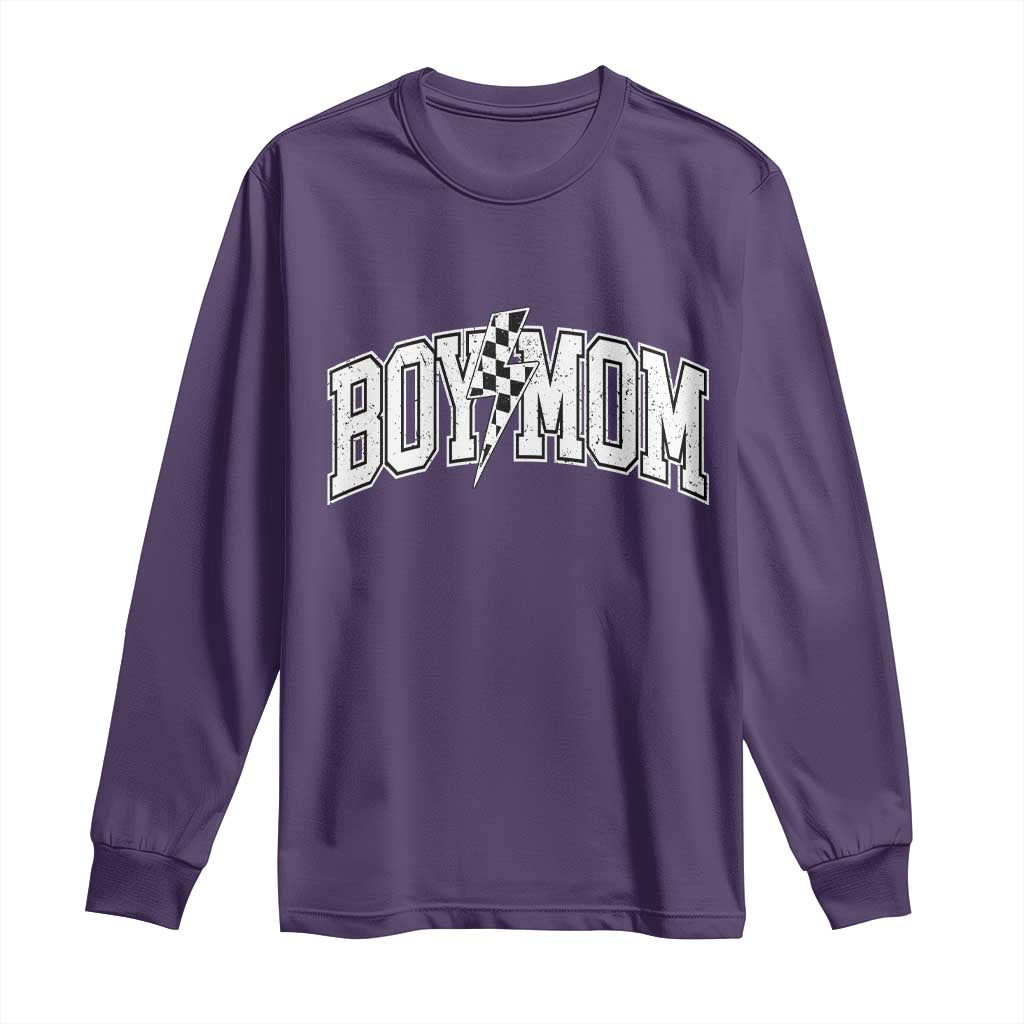 Boy Mom Lightning Bolt Checkered Varsity Son Mama Long Sleeve Shirt TS11 Purple Print Your Wear