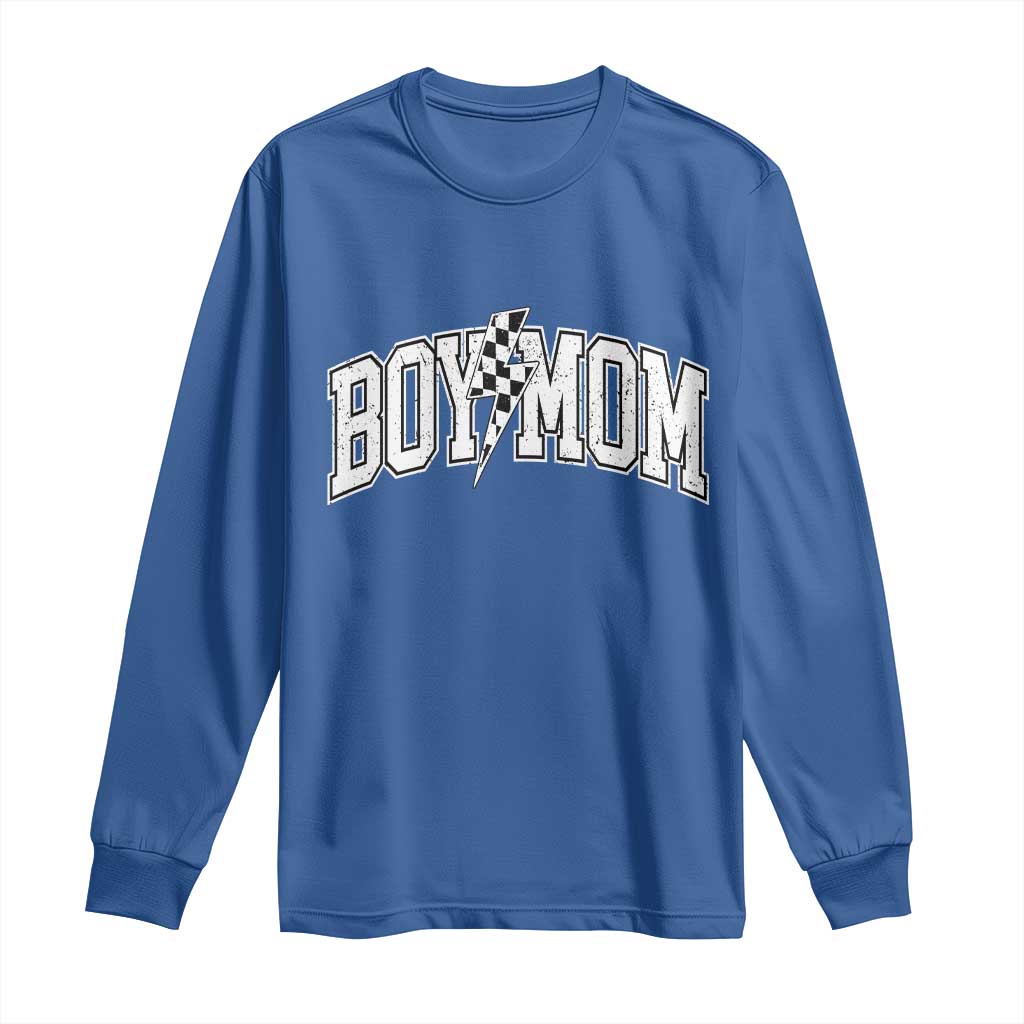 Boy Mom Lightning Bolt Checkered Varsity Son Mama Long Sleeve Shirt TS11 Royal Blue Print Your Wear
