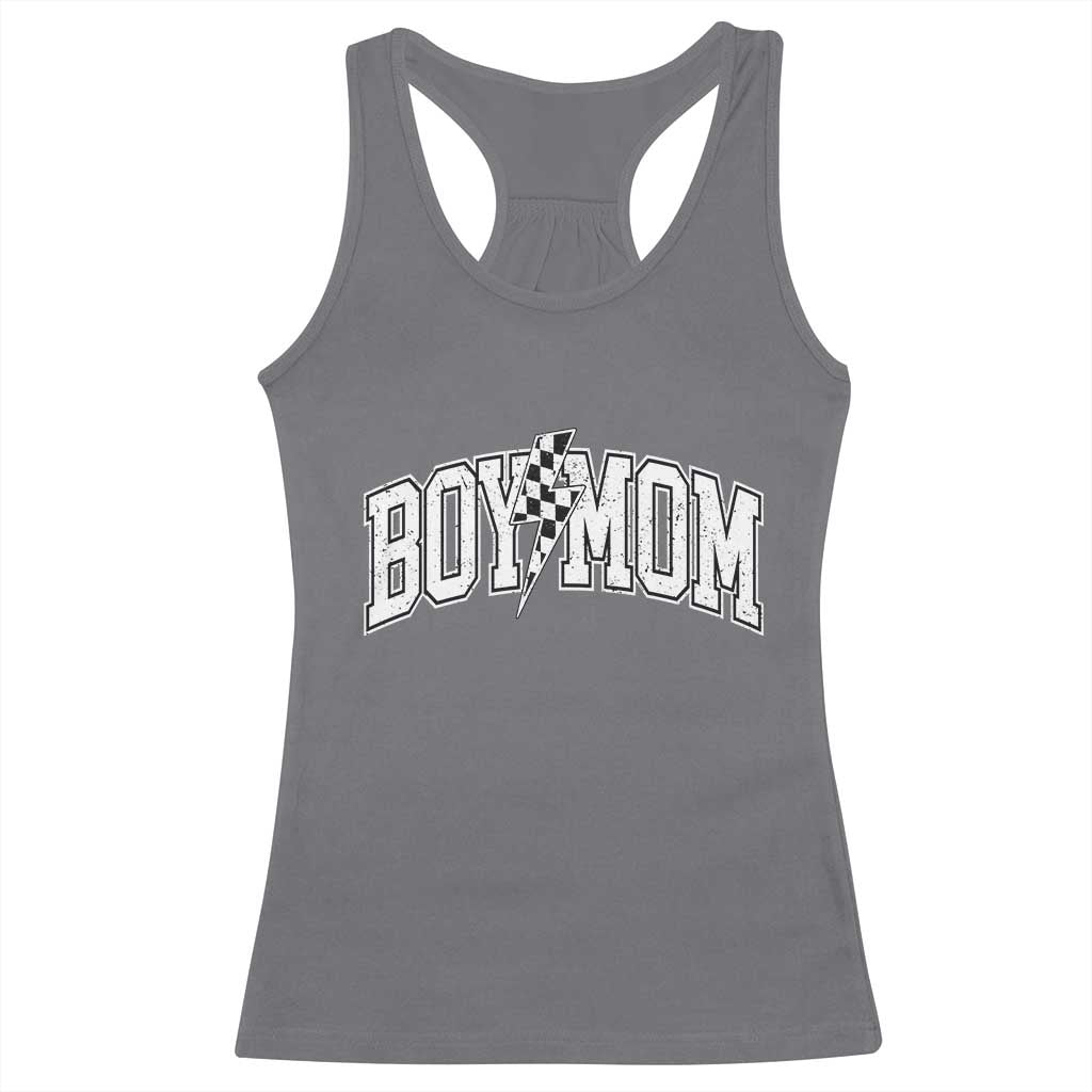 Boy Mom Lightning Bolt Checkered Varsity Son Mama Racerback Tank Top TS11 Charcoal Print Your Wear