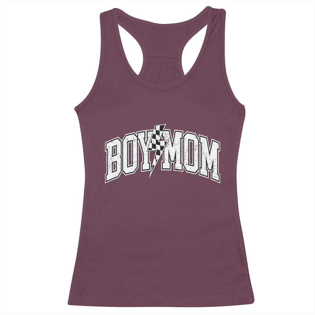 Boy Mom Lightning Bolt Checkered Varsity Son Mama Racerback Tank Top TS11 Maroon Print Your Wear