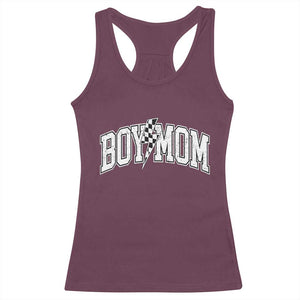 Boy Mom Lightning Bolt Checkered Varsity Son Mama Racerback Tank Top TS11 Maroon Print Your Wear
