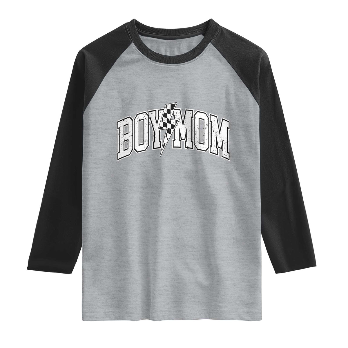 Boy Mom Lightning Bolt Checkered Varsity Son Mama Raglan Shirt TS11 Heather Gray Black Print Your Wear