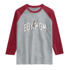 Boy Mom Lightning Bolt Checkered Varsity Son Mama Raglan Shirt TS11 Heather Gray Heather Red Print Your Wear
