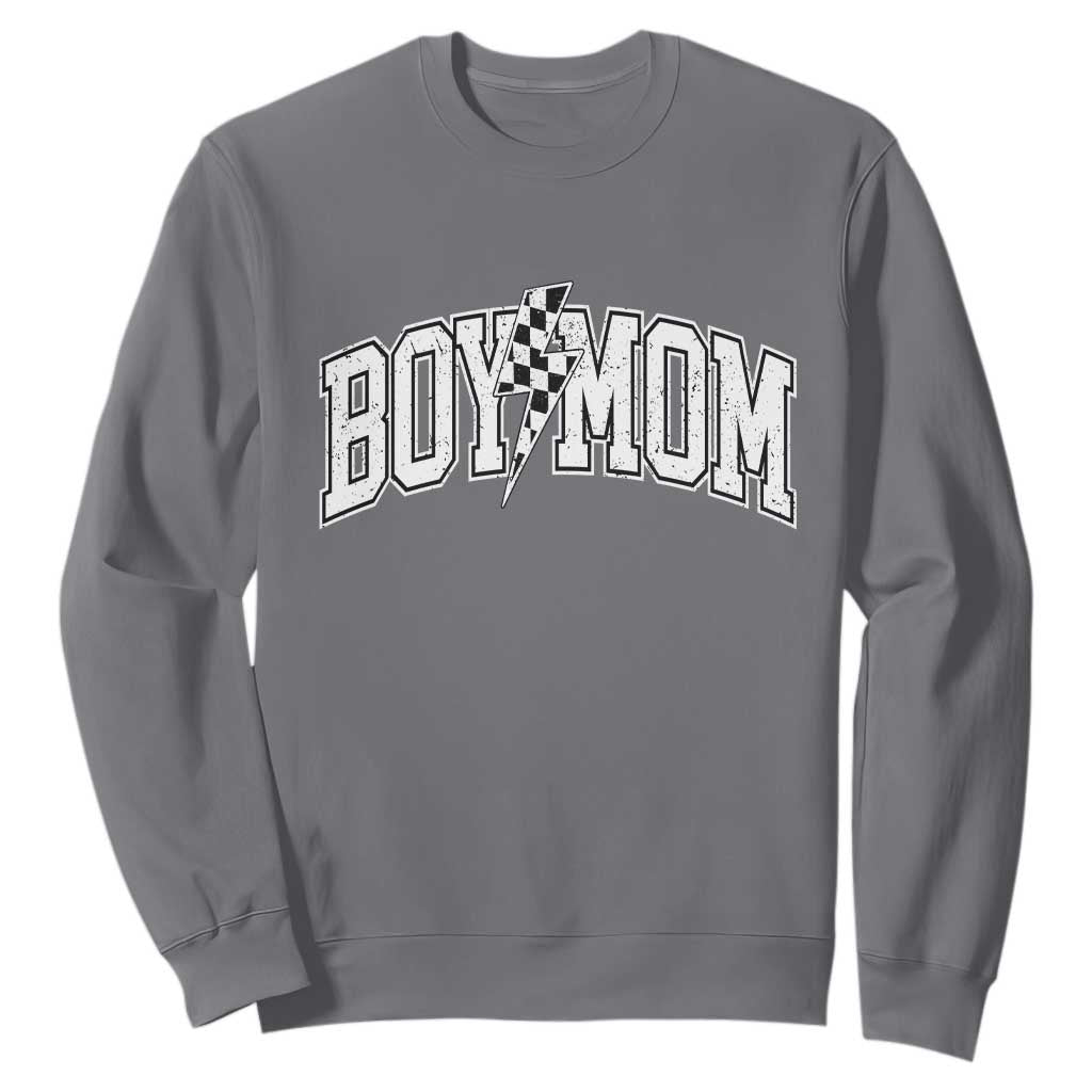 Boy Mom Lightning Bolt Checkered Varsity Son Mama Sweatshirt TS11 Charcoal Print Your Wear