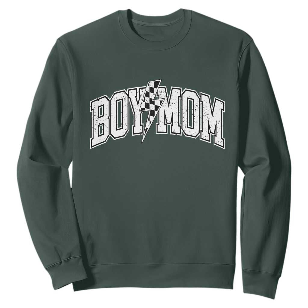 Boy Mom Lightning Bolt Checkered Varsity Son Mama Sweatshirt TS11 Dark Forest Green Print Your Wear