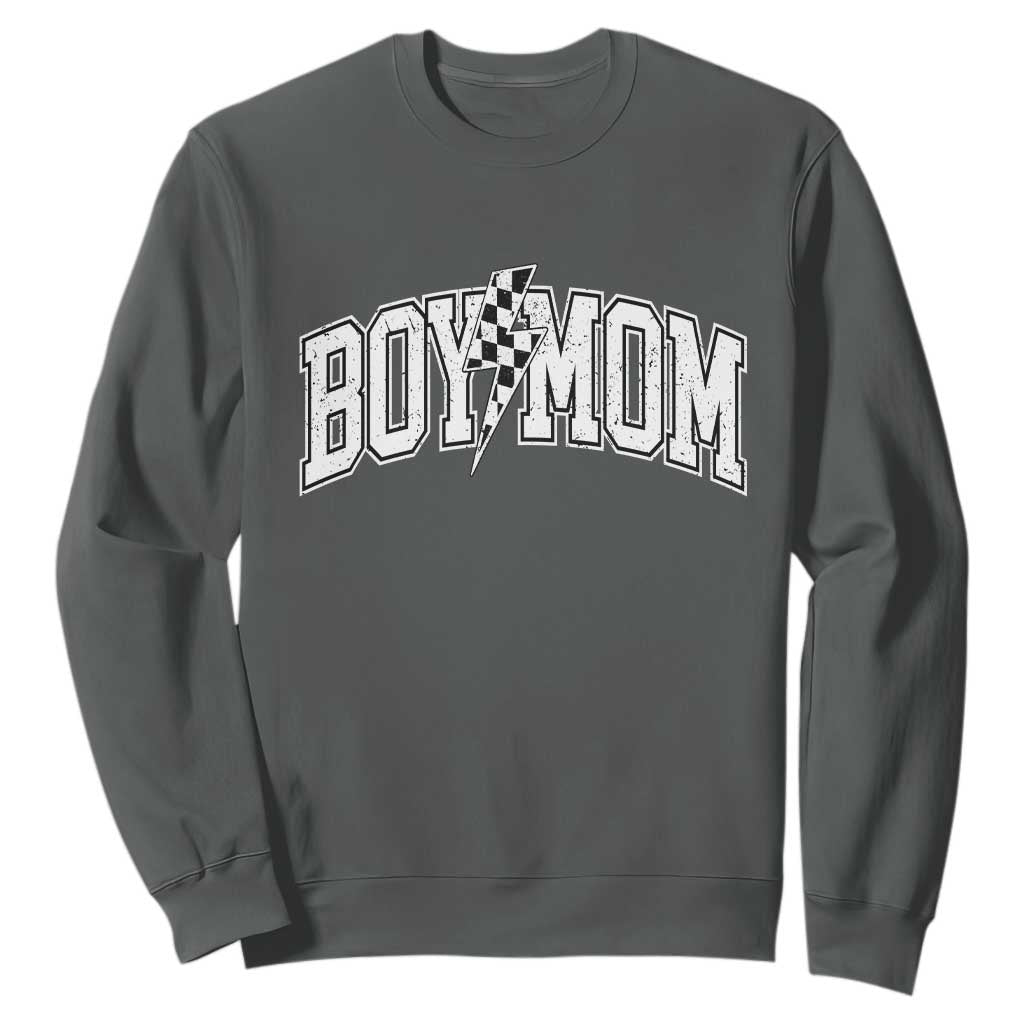 Boy Mom Lightning Bolt Checkered Varsity Son Mama Sweatshirt TS11 Dark Heather Print Your Wear