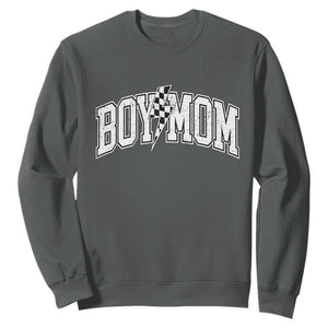 Boy Mom Lightning Bolt Checkered Varsity Son Mama Sweatshirt TS11 Dark Heather Print Your Wear
