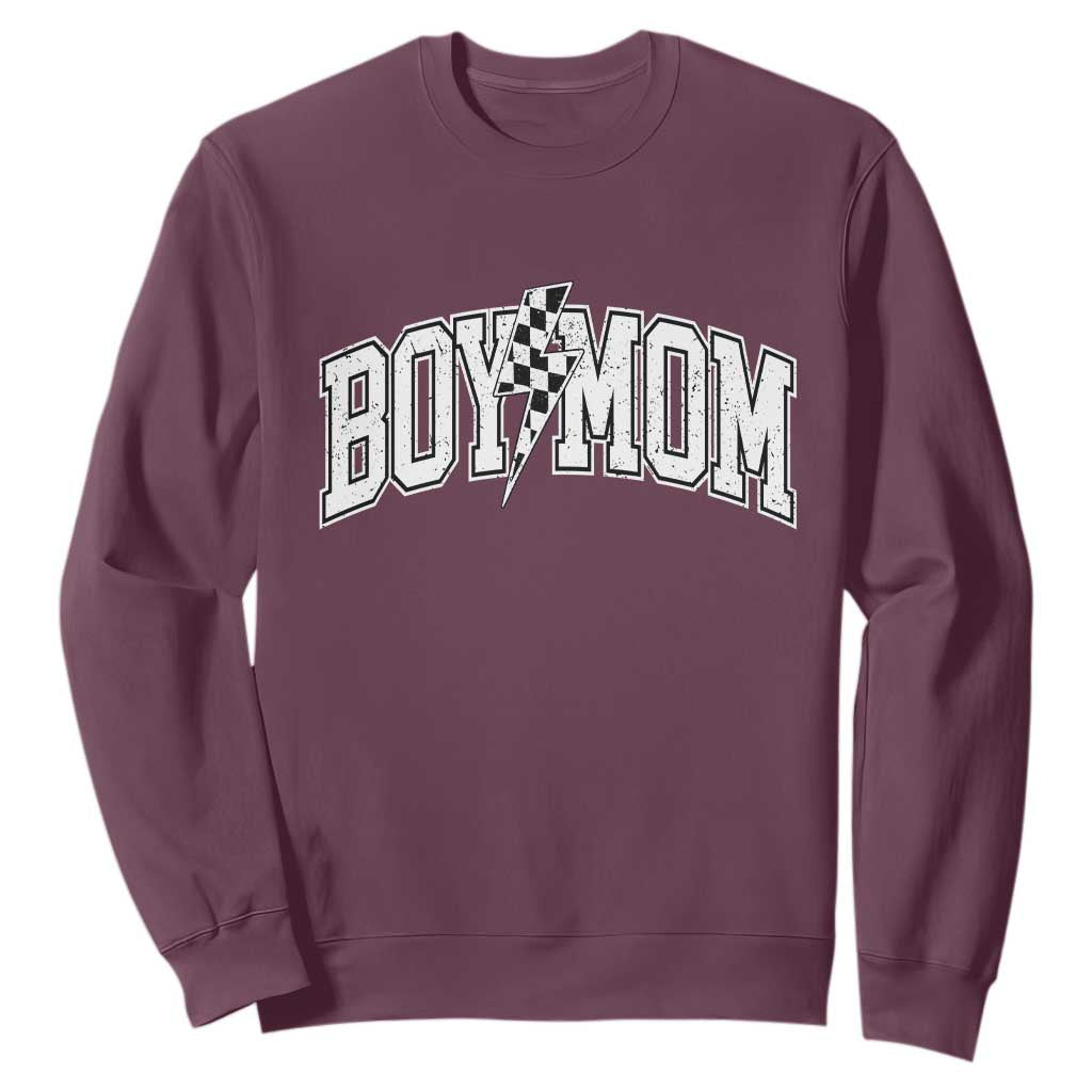 Boy Mom Lightning Bolt Checkered Varsity Son Mama Sweatshirt TS11 Maroon Print Your Wear