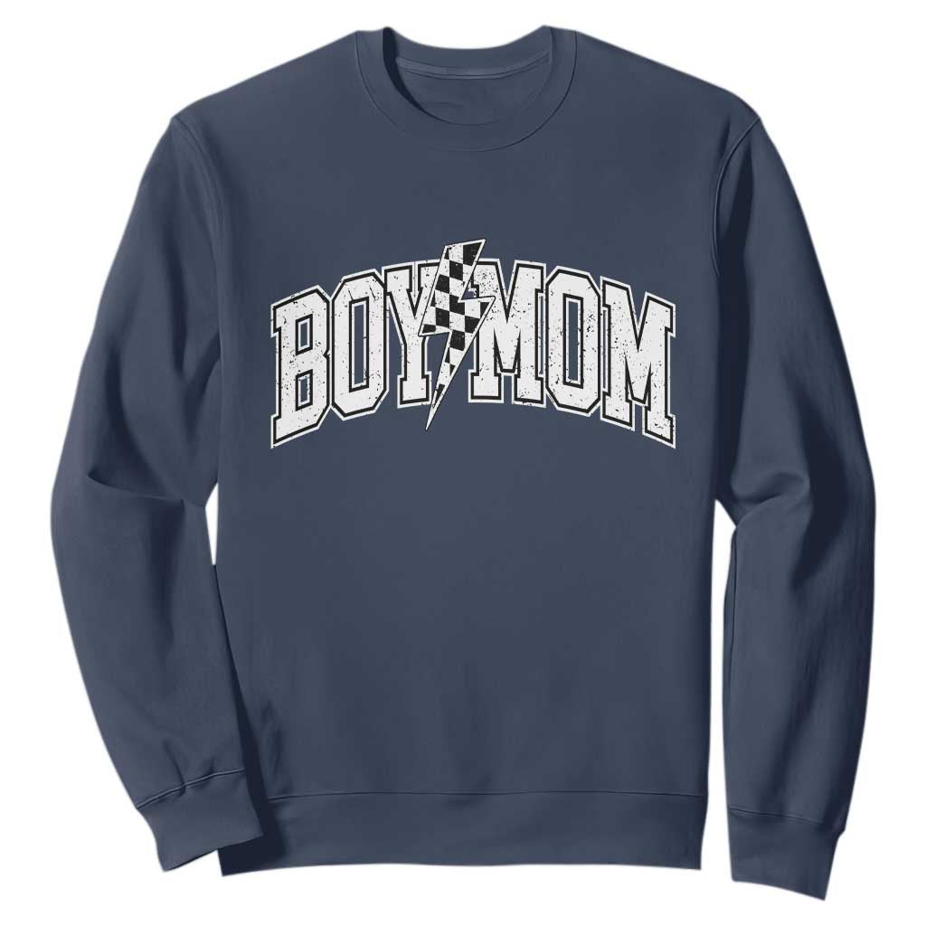 Boy Mom Lightning Bolt Checkered Varsity Son Mama Sweatshirt TS11 Navy Print Your Wear