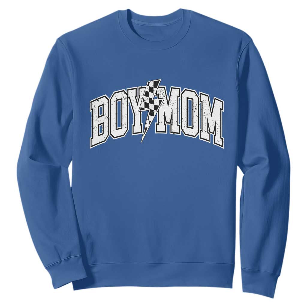 Boy Mom Lightning Bolt Checkered Varsity Son Mama Sweatshirt TS11 Royal Blue Print Your Wear