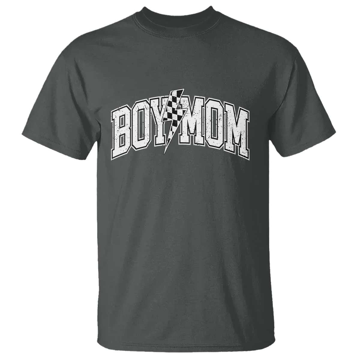 Boy Mom Lightning Bolt Checkered Varsity Son Mama T Shirt TS11 Dark Heather Print Your Wear