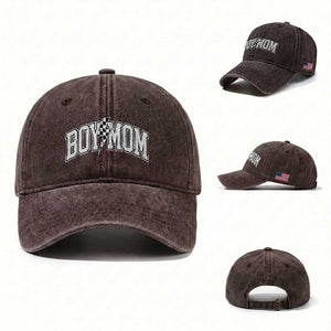 Boy Mom Lightning Bolt Checkered Varsity Son Mama Washed Cotton Baseball Cap TS11 Washed Cap Universal Fit Dark Brown Print Your Wear