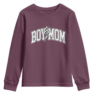 Boy Mom Lightning Bolt Checkered Varsity Son Mama Youth Sweatshirt TS11 Maroon Print Your Wear