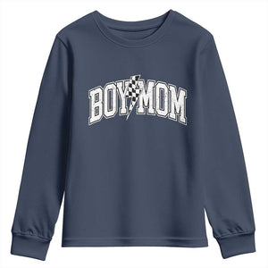 Boy Mom Lightning Bolt Checkered Varsity Son Mama Youth Sweatshirt TS11 Navy Print Your Wear