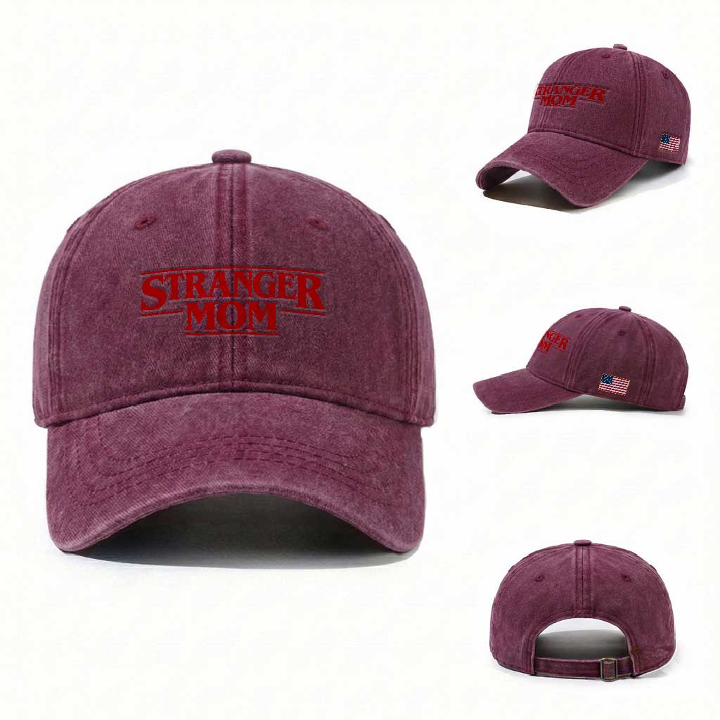 Stranger Mom Washed Cotton Baseball Cap Funny Mothers Day Movie Gift TS11 Washed Cap Universal Fit Burgundy Print Your Wear