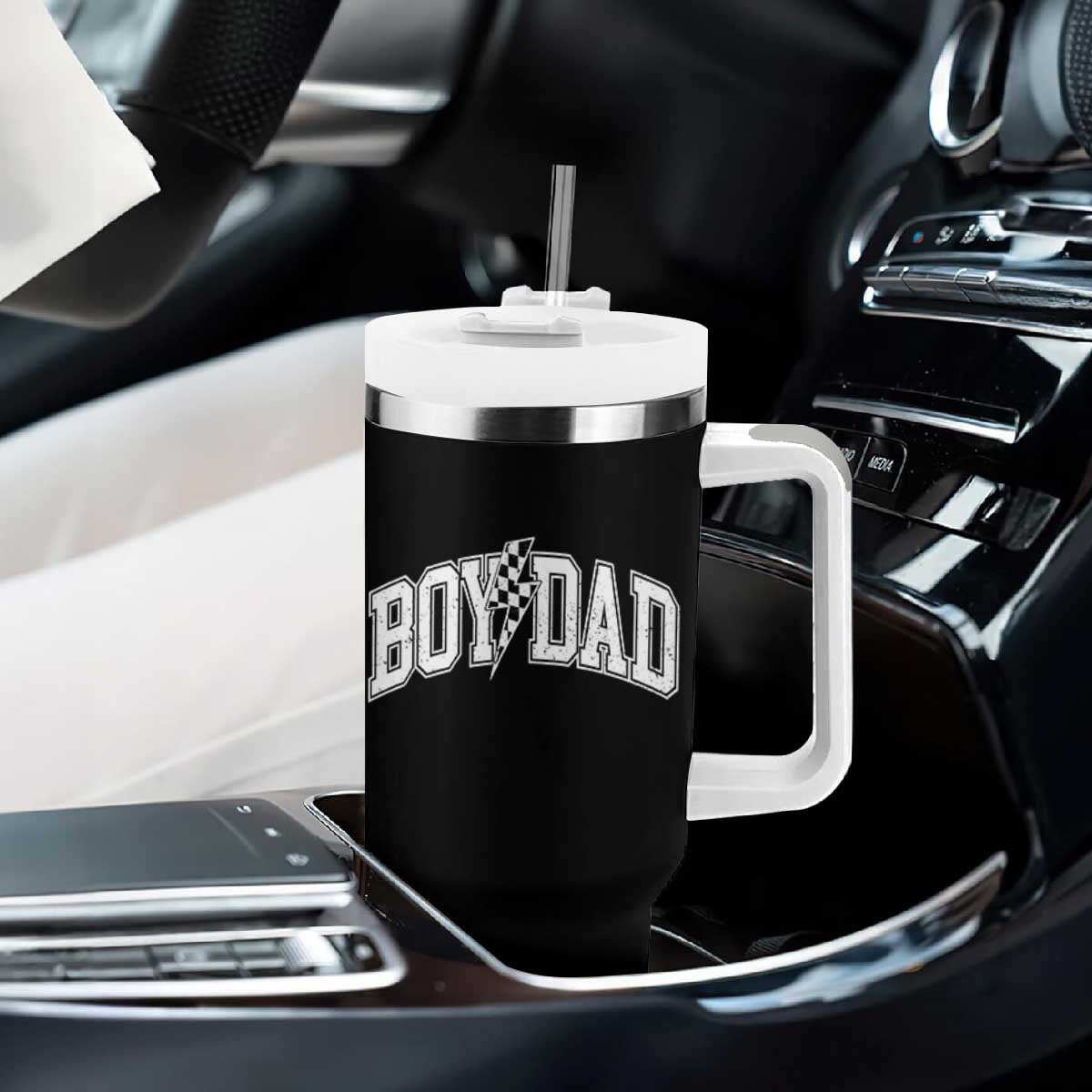Boy Dad Lightning Bolt Checkered Varsity Son Daddy Tumbler With Handle TS11 Print Your Wear