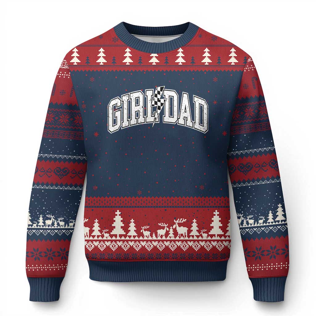 Girl Dad Lightning Bolt Checkered Varsity Daughter Daddy Ugly Christmas Sweater TS11 Navy Red Print Your Wear