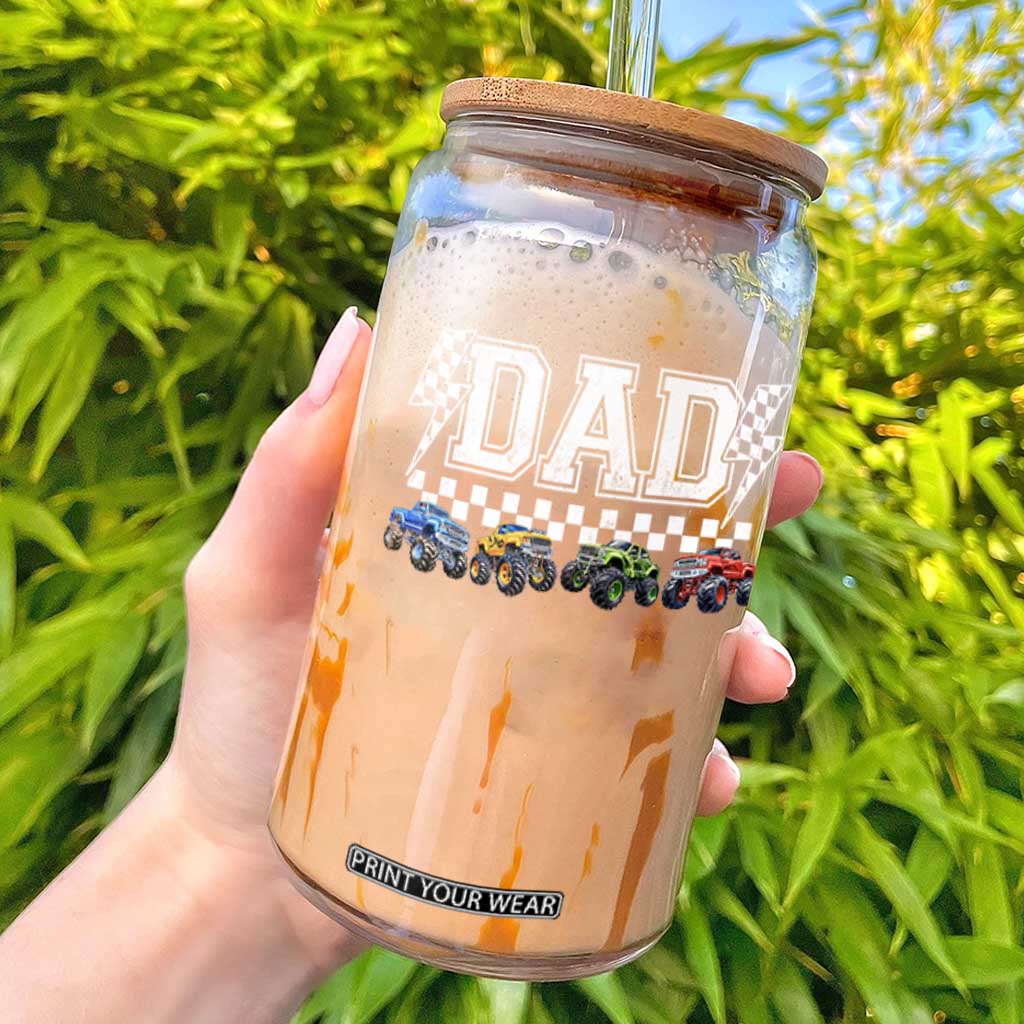 Monster Truck Dad Glass Can Funny Truck Daddy Checkered Father's Day TS11 Black Print Your Wear