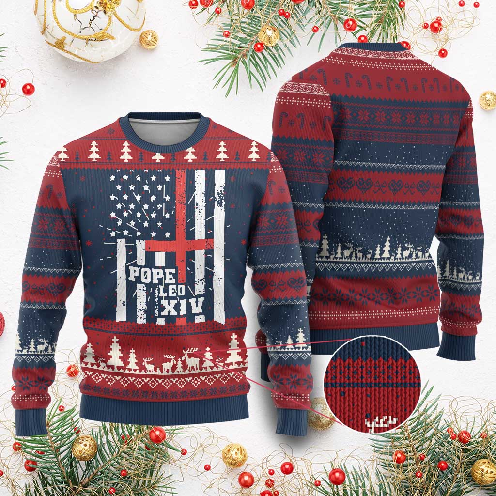 Pope Leo XIV Knit Sweatshirt First American Pope Catholic Religious Cross American Flag TS11 Burgundy Print Your Wear