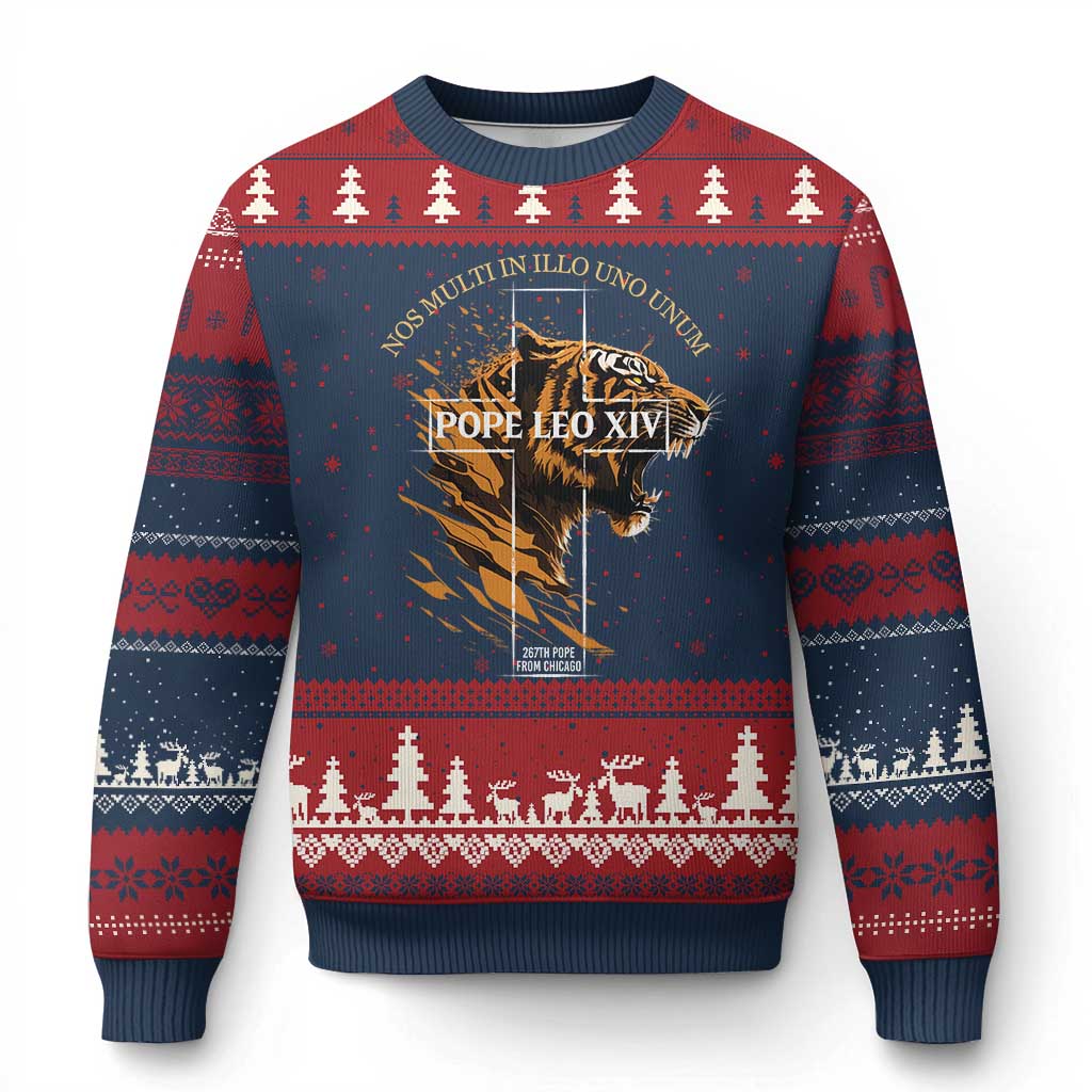 Cardinal Pope Leo XIV Ugly Christmas Sweater Nos Multi In Illo Uno Unum 267th Pope From Chicago Tiger TS11 Navy Red Print Your Wear