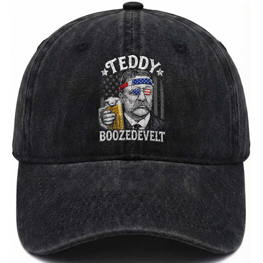 Teddy Boozedevelt Theodore Roosevelt 4th of July Washed Cotton Baseball Cap Funny Beer Drinking Vintage American Flag TS11 Print Your Wear