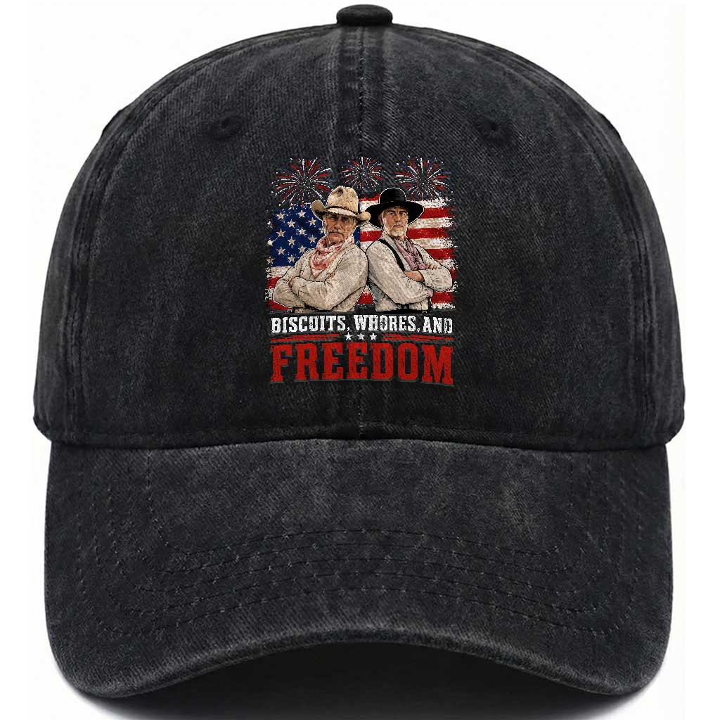 Biscuits Whores And Freedom Funny Western Cowboy 4th of July Washed Cotton Baseball Cap TS11 Print Your Wear
