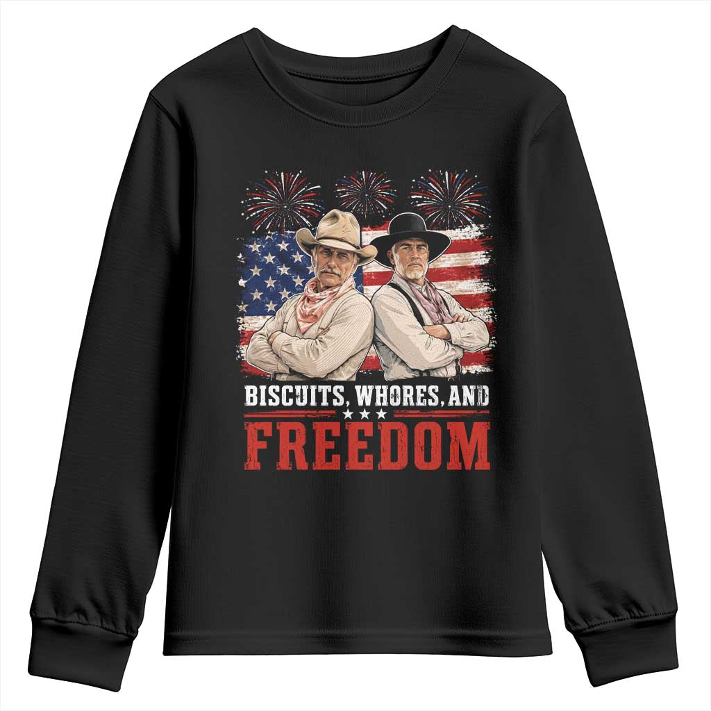 Biscuits Whores And Freedom Funny Western Cowboy 4th of July Youth Sweatshirt TS11 Black Print Your Wear