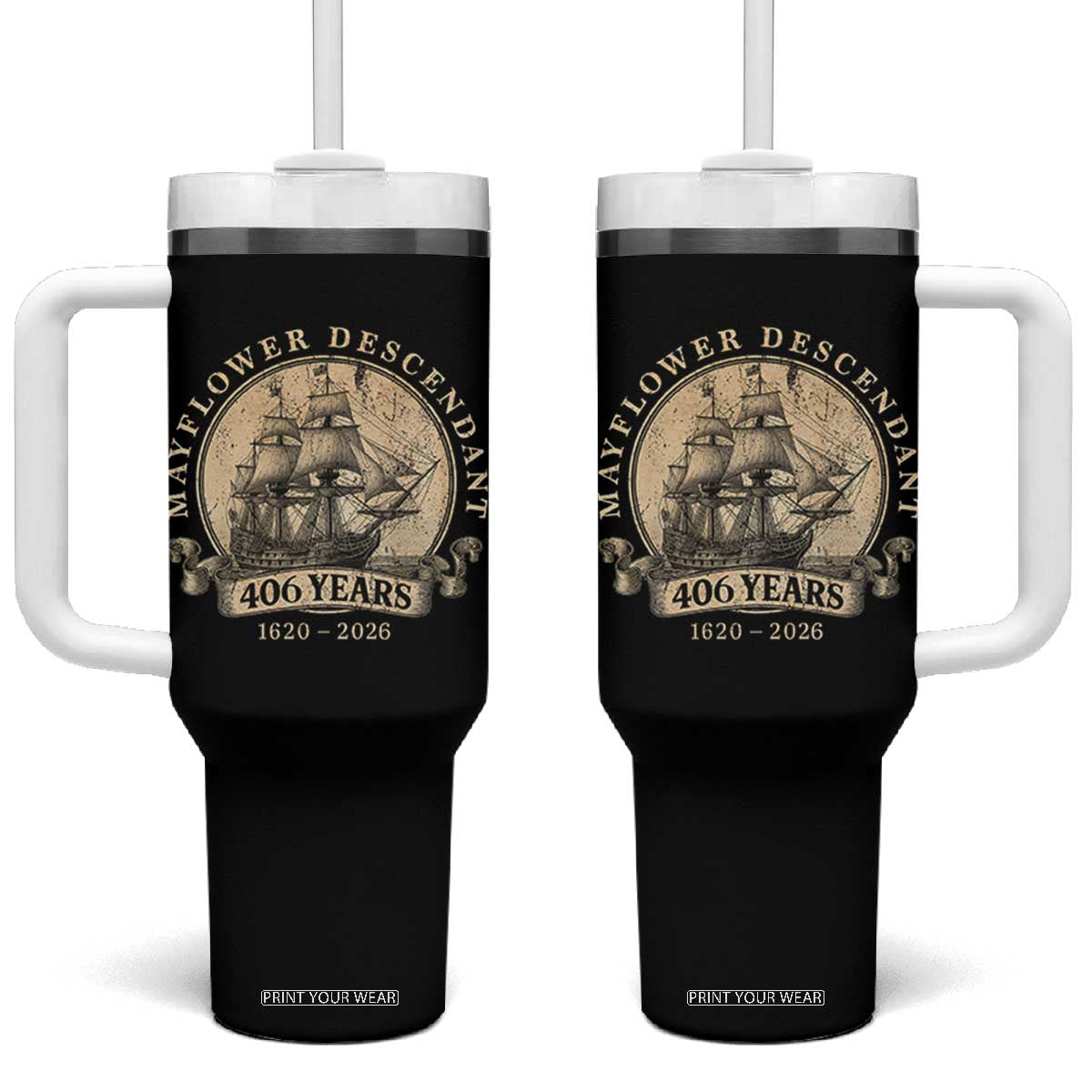 Mayflower Descendant Tumbler With Handle 406 Years Pilgrim Fathers Thanksgiving History TS11 One Size: 40 oz Black Print Your Wear