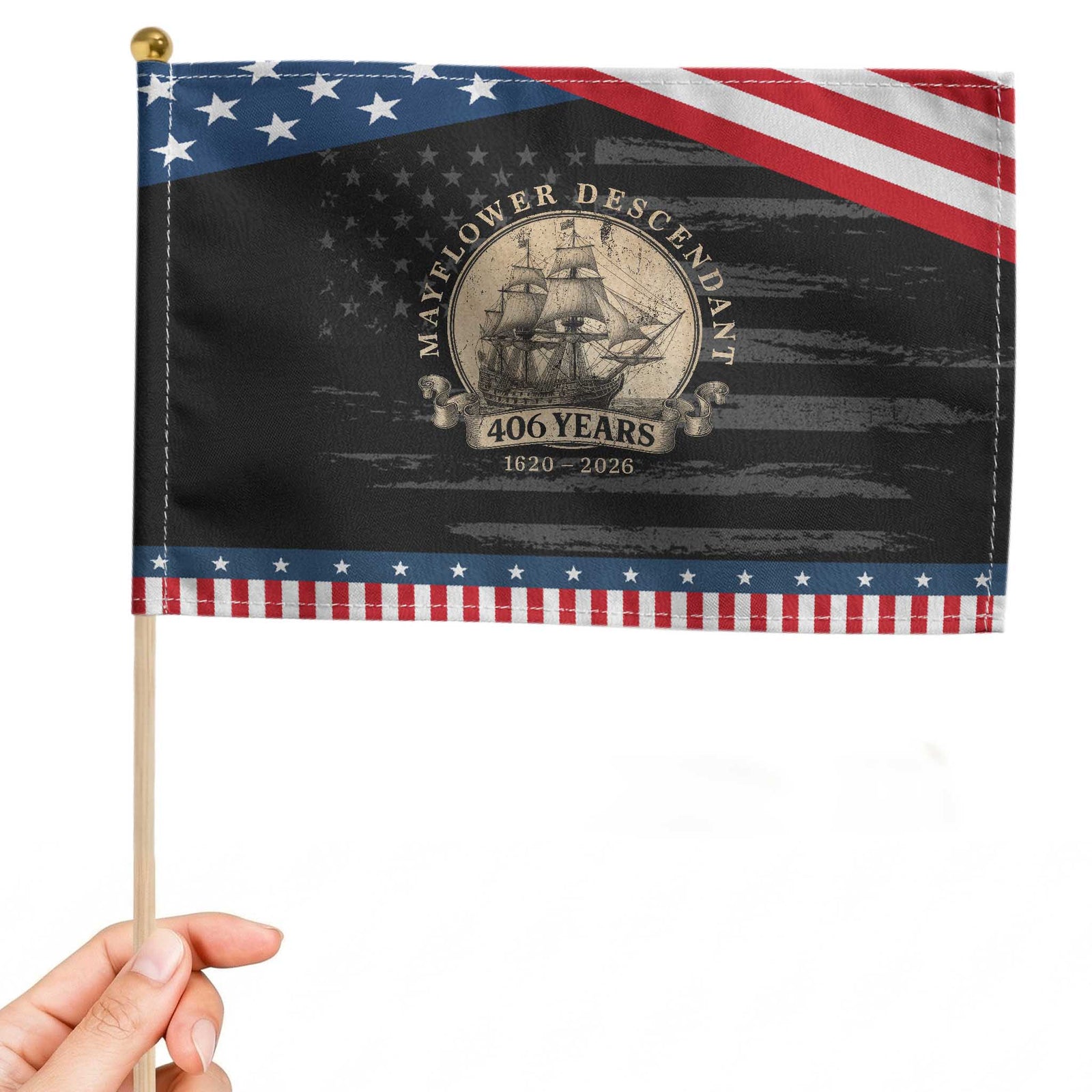 Mayflower Descendant Patriotic Handheld Flag 406 Years Pilgrim Fathers Thanksgiving History TS11 Distressed 8.2