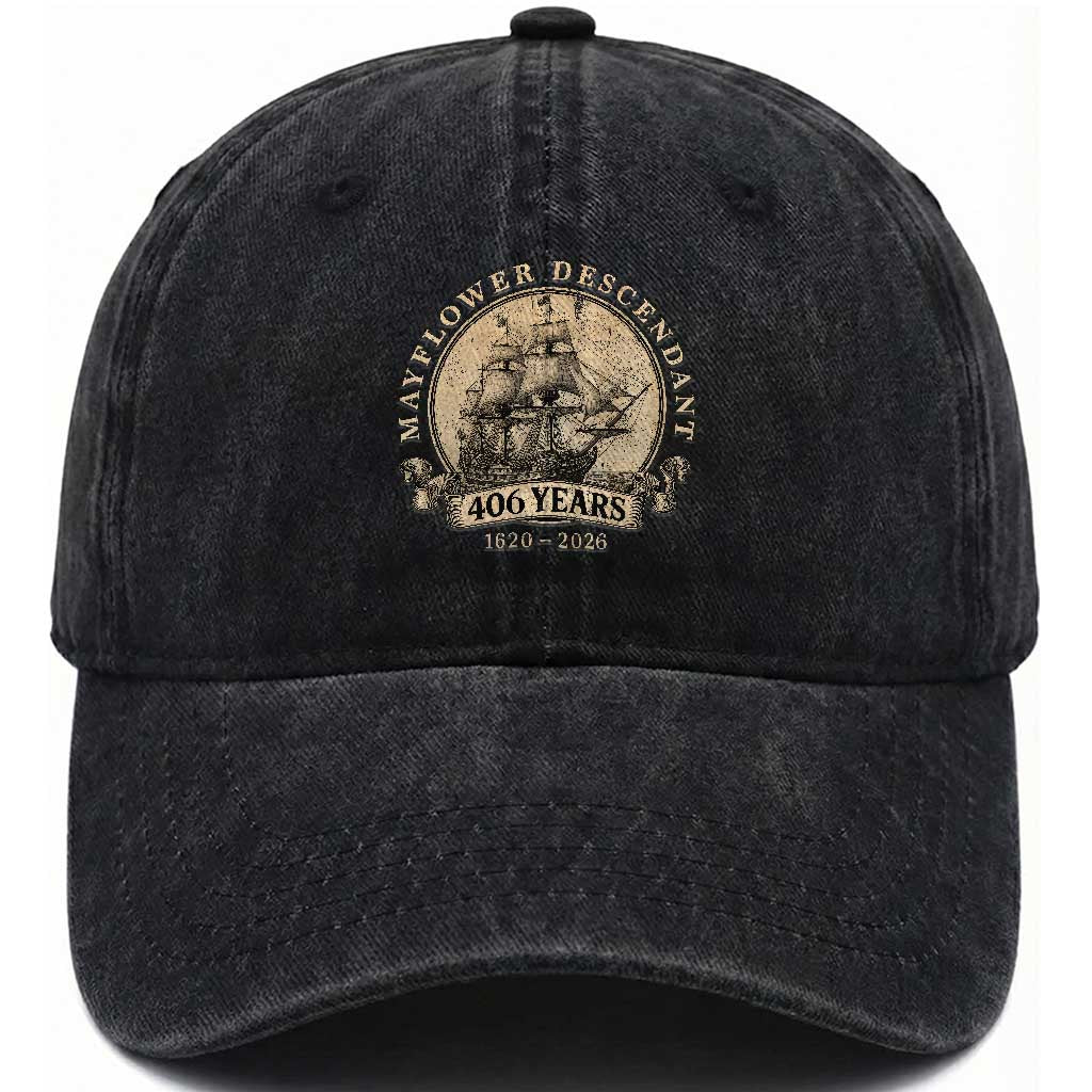 Mayflower Descendant Washed Cotton Baseball Cap 406 Years Pilgrim Fathers Thanksgiving History TS11 Print Your Wear