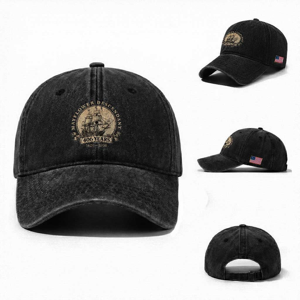 Mayflower Descendant Washed Cotton Baseball Cap 406 Years Pilgrim Fathers Thanksgiving History TS11 Washed Cap Universal Fit Black Print Your Wear