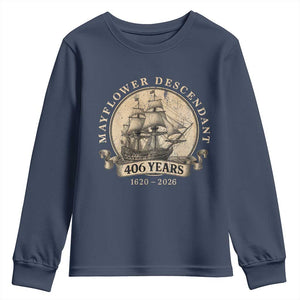 Mayflower Descendant Youth Sweatshirt 406 Years Pilgrim Fathers Thanksgiving History TS11 Navy Print Your Wear