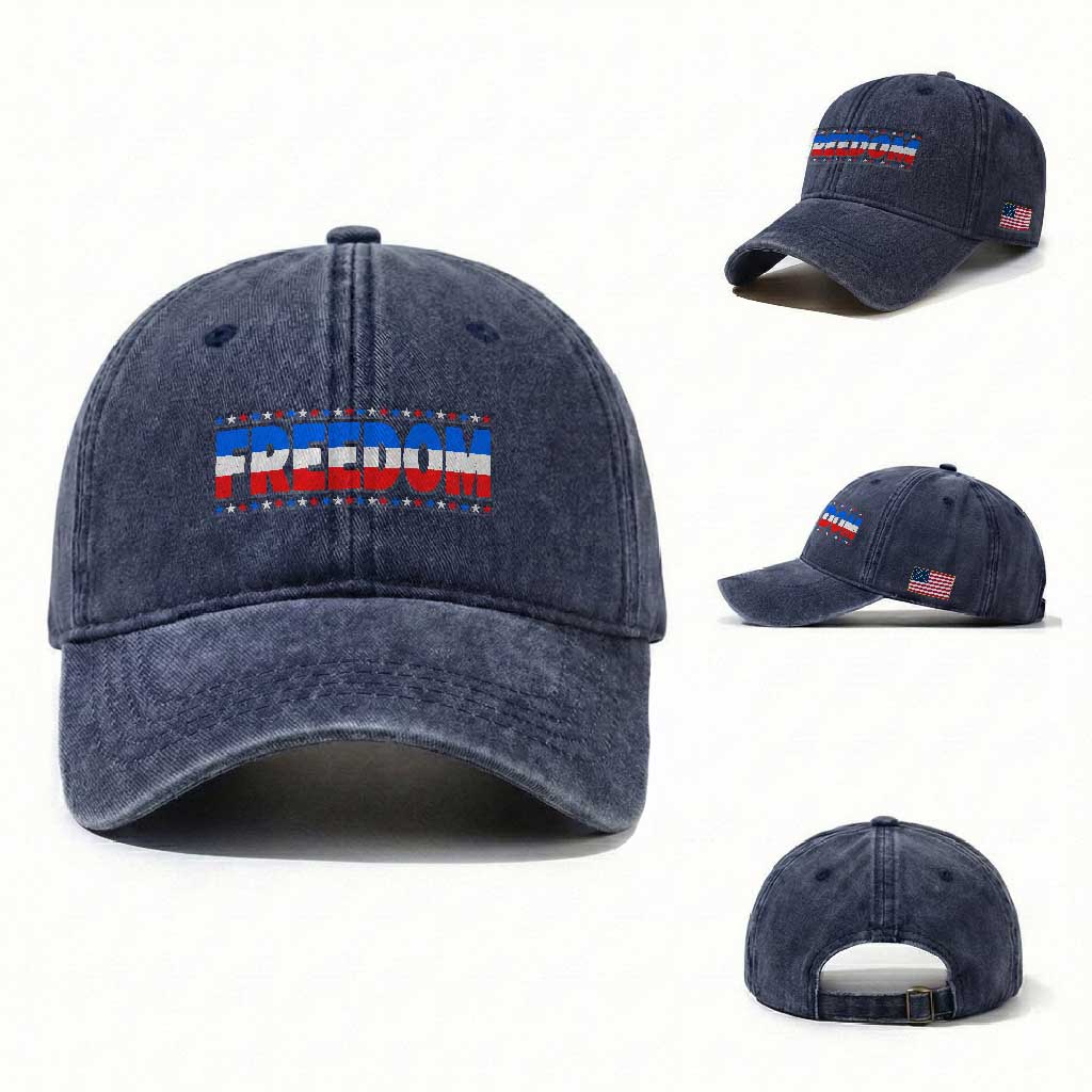 Freedom Funny 4th of July Couple Matching Washed Cotton Baseball Cap TS11 Washed Cap Universal Fit Navy Print Your Wear