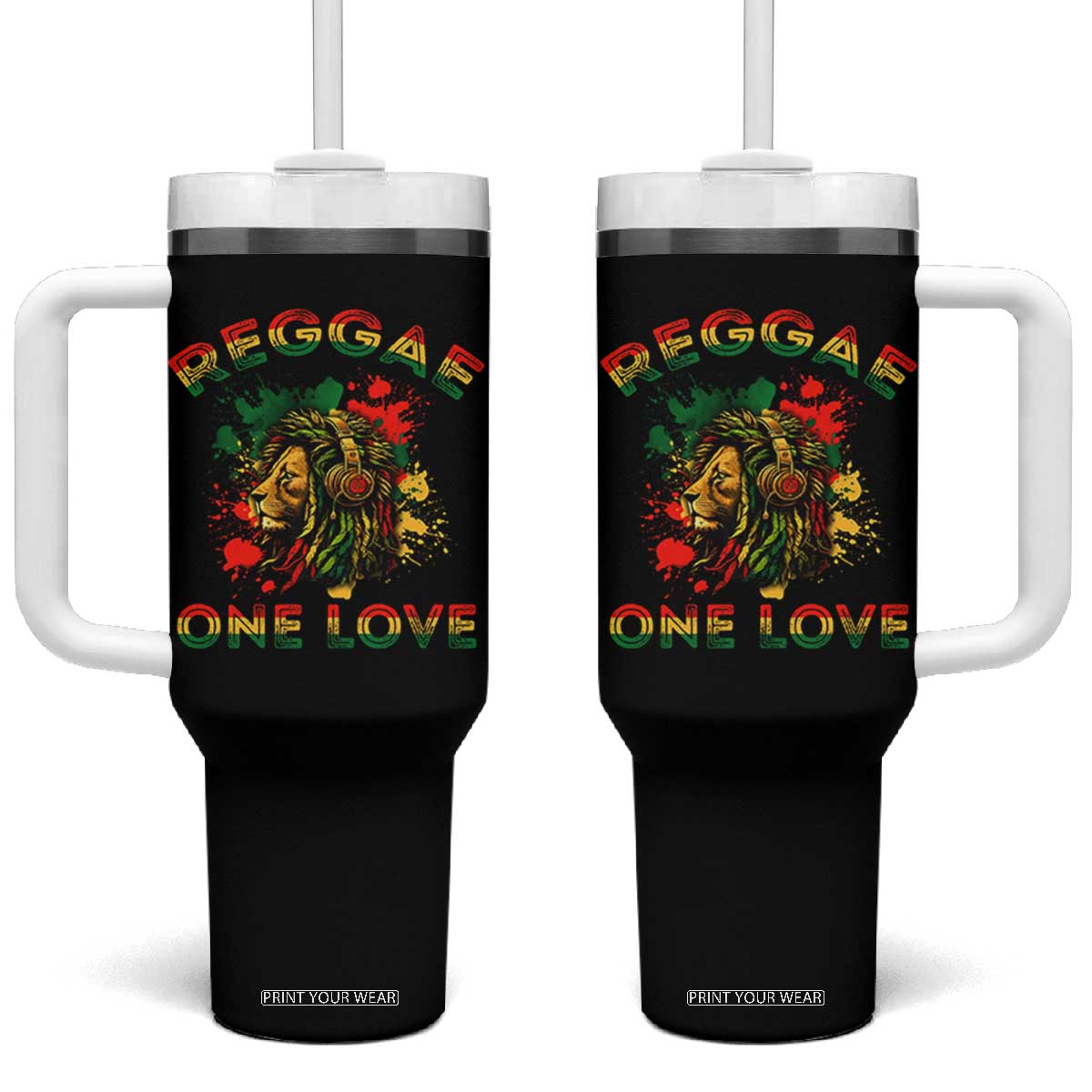 Reggae One Love Tumbler With Handle Rasta Music Jamaican Pride Headphones Lion TS11 One Size: 40 oz Black Print Your Wear