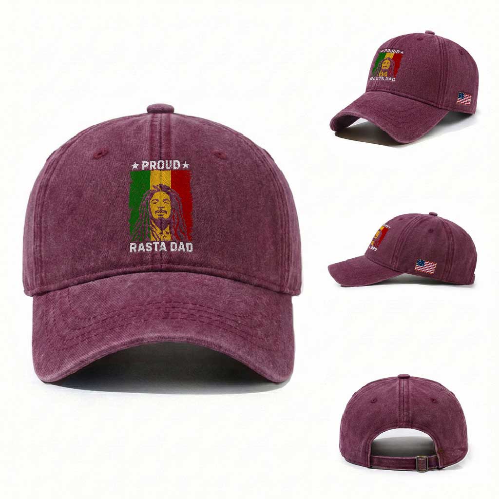Proud Rasta Dad Washed Cotton Baseball Cap Rastafarian Jamaica Father's Day TS11 Washed Cap Universal Fit Burgundy Print Your Wear