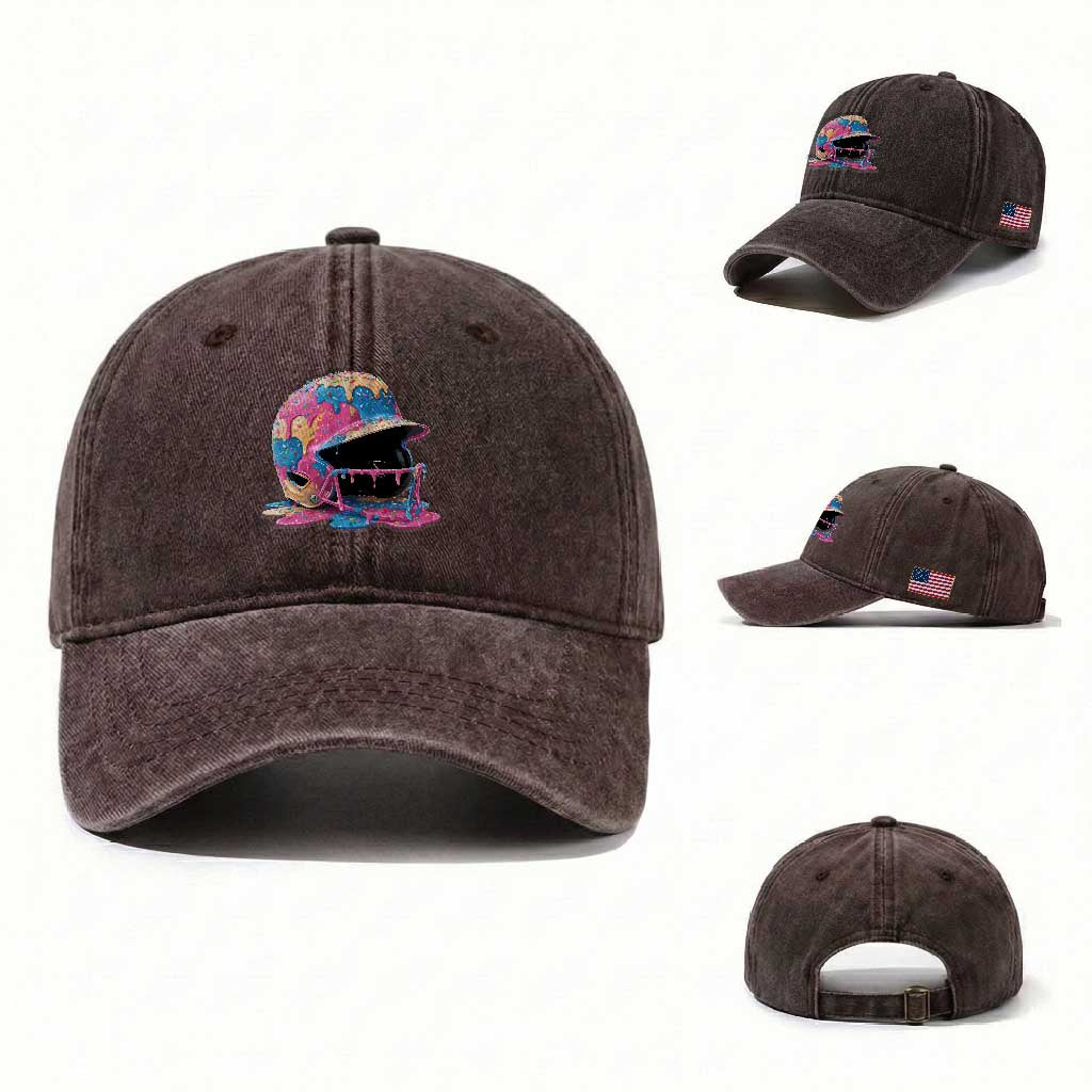 Funny Baseball Helmet Ice Cream Baseball Drip Washed Cotton Baseball Cap TS11 Washed Cap Universal Fit Dark Brown Print Your Wear