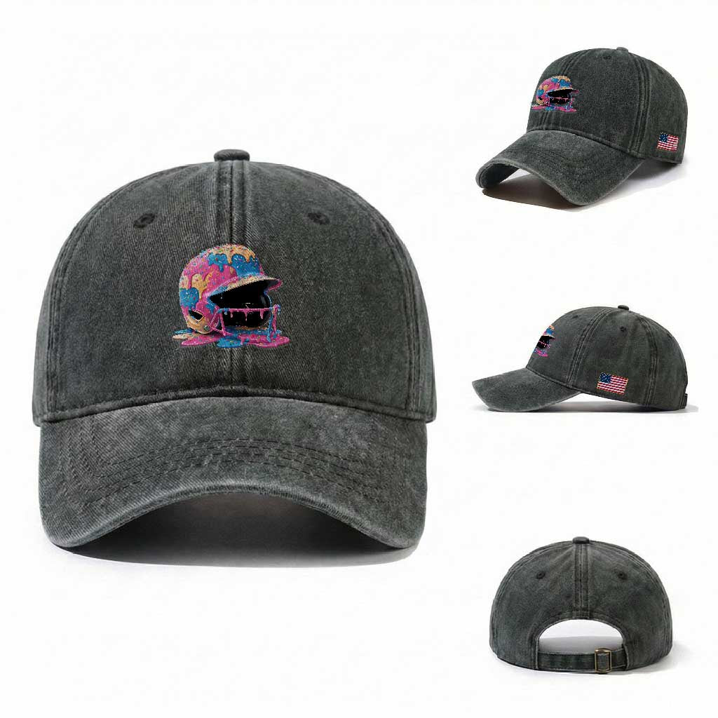Funny Baseball Helmet Ice Cream Baseball Drip Washed Cotton Baseball Cap TS11 Washed Cap Universal Fit Dark Green Print Your Wear