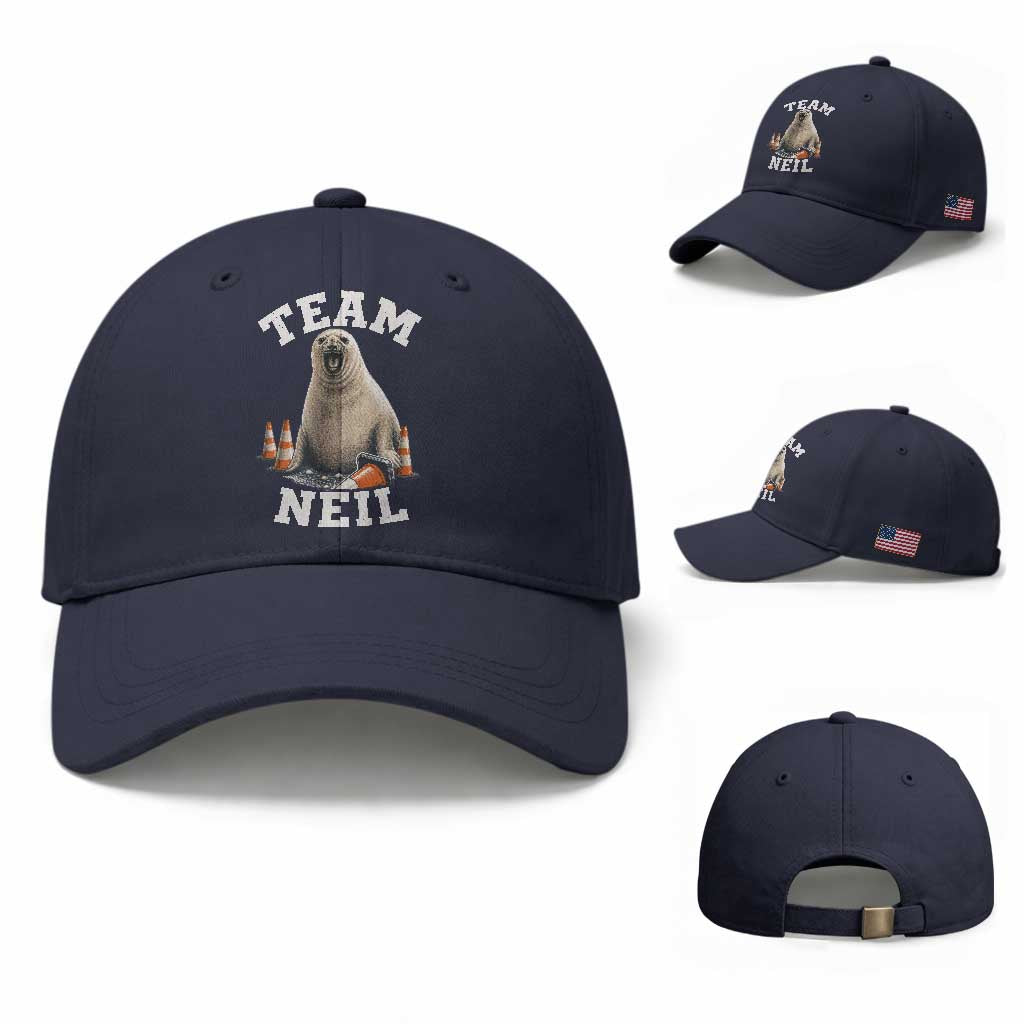 Team Neil The Seal Baseball Cap Funny Tasmania Elephant Seal with Traffic Cone TS11 Baseball Cap Universal Fit Navy Print Your Wear