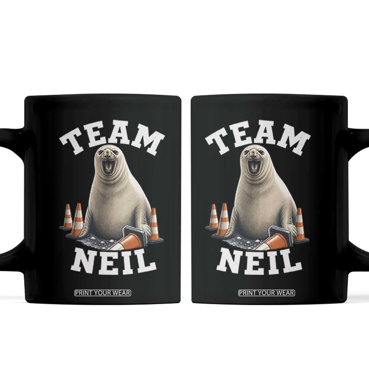 Team Neil The Seal Coffee Mug Funny Tasmania Elephant Seal with Traffic Cone TS11 Black Print Your Wear