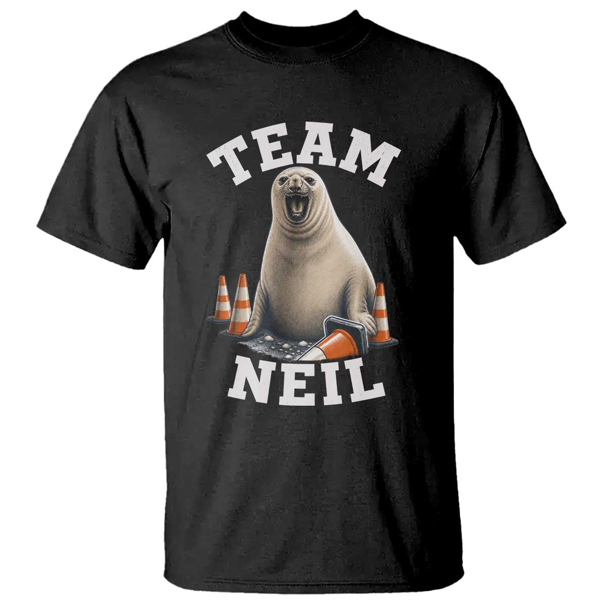 Team Neil The Seal T Shirt Funny Tasmania Elephant Seal with Traffic Cone TS11 Black Print Your Wear