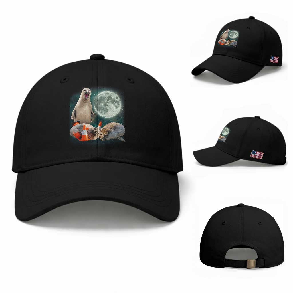 Funny Neil The Seal Howling at Moon 90s Retro Baseball Cap TS11 Baseball Cap Universal Fit Black Print Your Wear