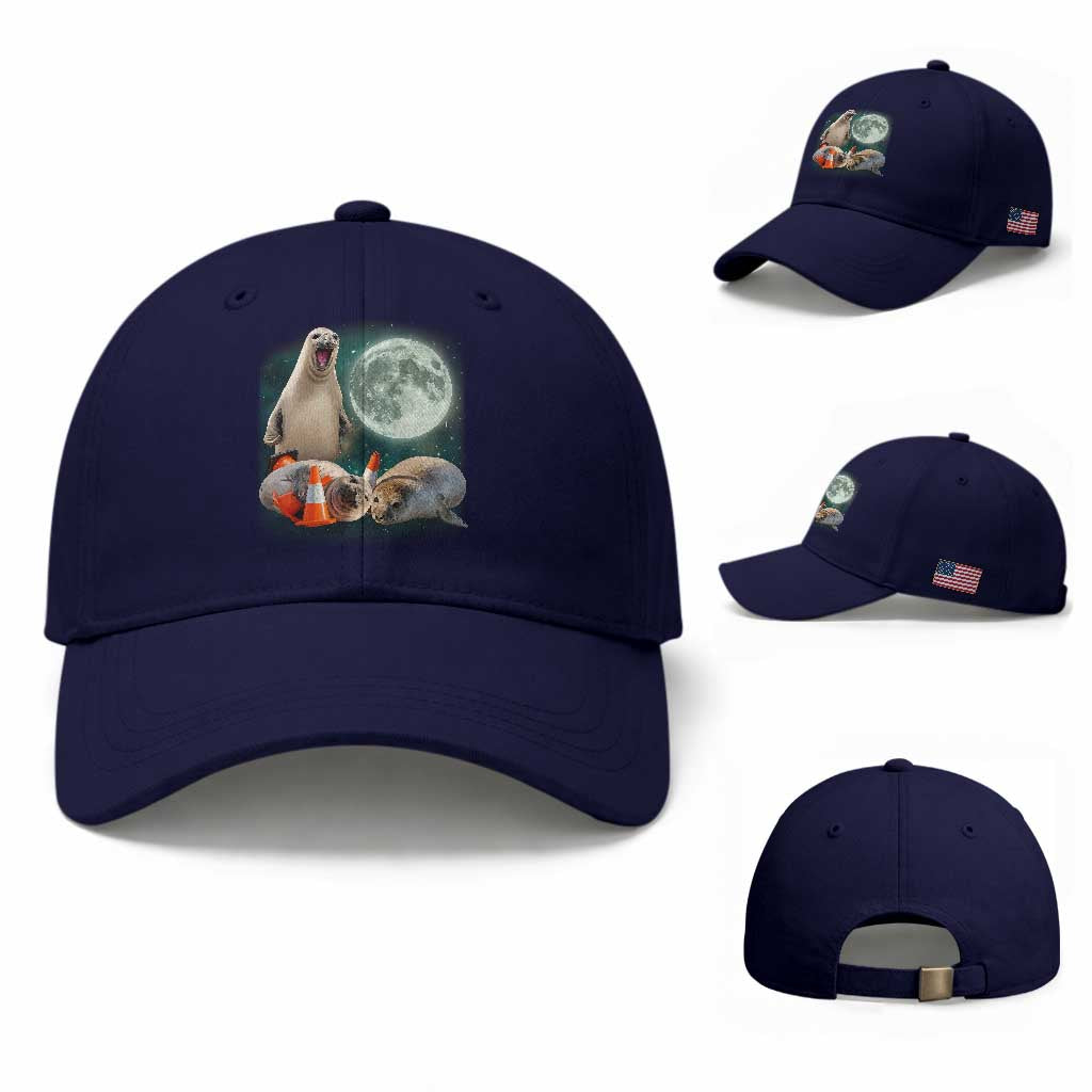 Funny Neil The Seal Howling at Moon 90s Retro Baseball Cap TS11 Baseball Cap Universal Fit Dark Blue Print Your Wear