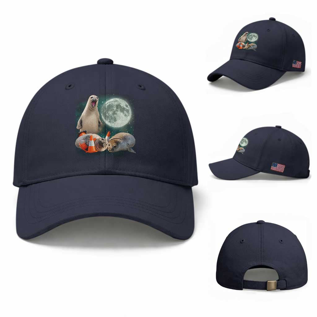 Funny Neil The Seal Howling at Moon 90s Retro Baseball Cap TS11 Baseball Cap Universal Fit Navy Print Your Wear