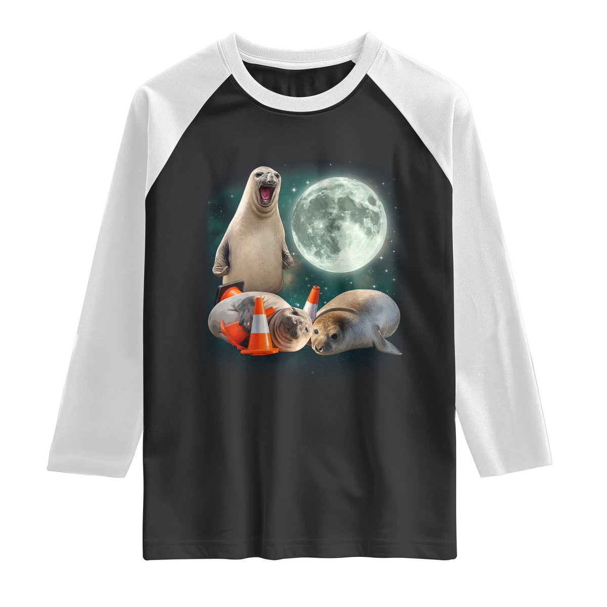 Funny Neil The Seal Howling at Moon 90s Retro Raglan Shirt TS11 Black White Print Your Wear