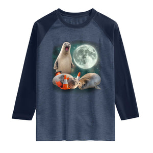 Funny Neil The Seal Howling at Moon 90s Retro Raglan Shirt TS11 Heather Denim Navy Print Your Wear