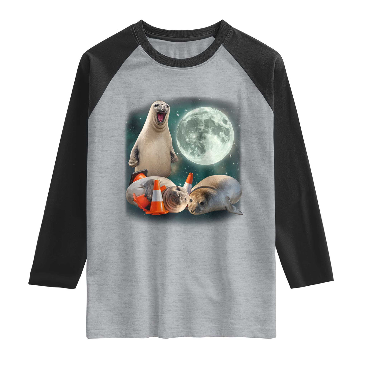 Funny Neil The Seal Howling at Moon 90s Retro Raglan Shirt TS11 Heather Gray Black Print Your Wear