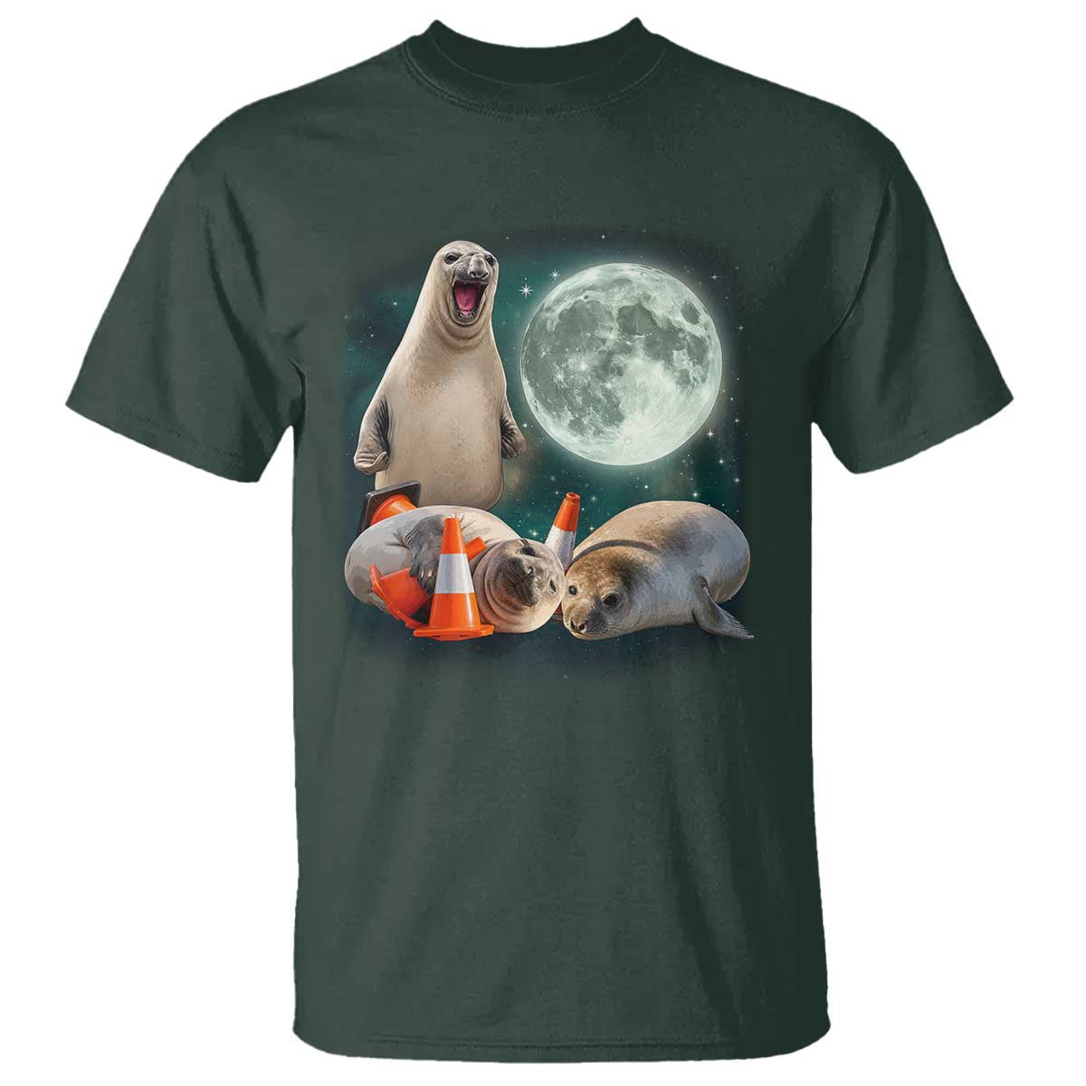Funny Neil The Seal Howling at Moon 90s Retro T Shirt TS11 Dark Forest Green Print Your Wear
