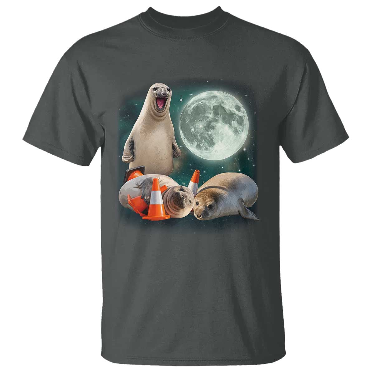 Funny Neil The Seal Howling at Moon 90s Retro T Shirt TS11 Dark Heather Print Your Wear