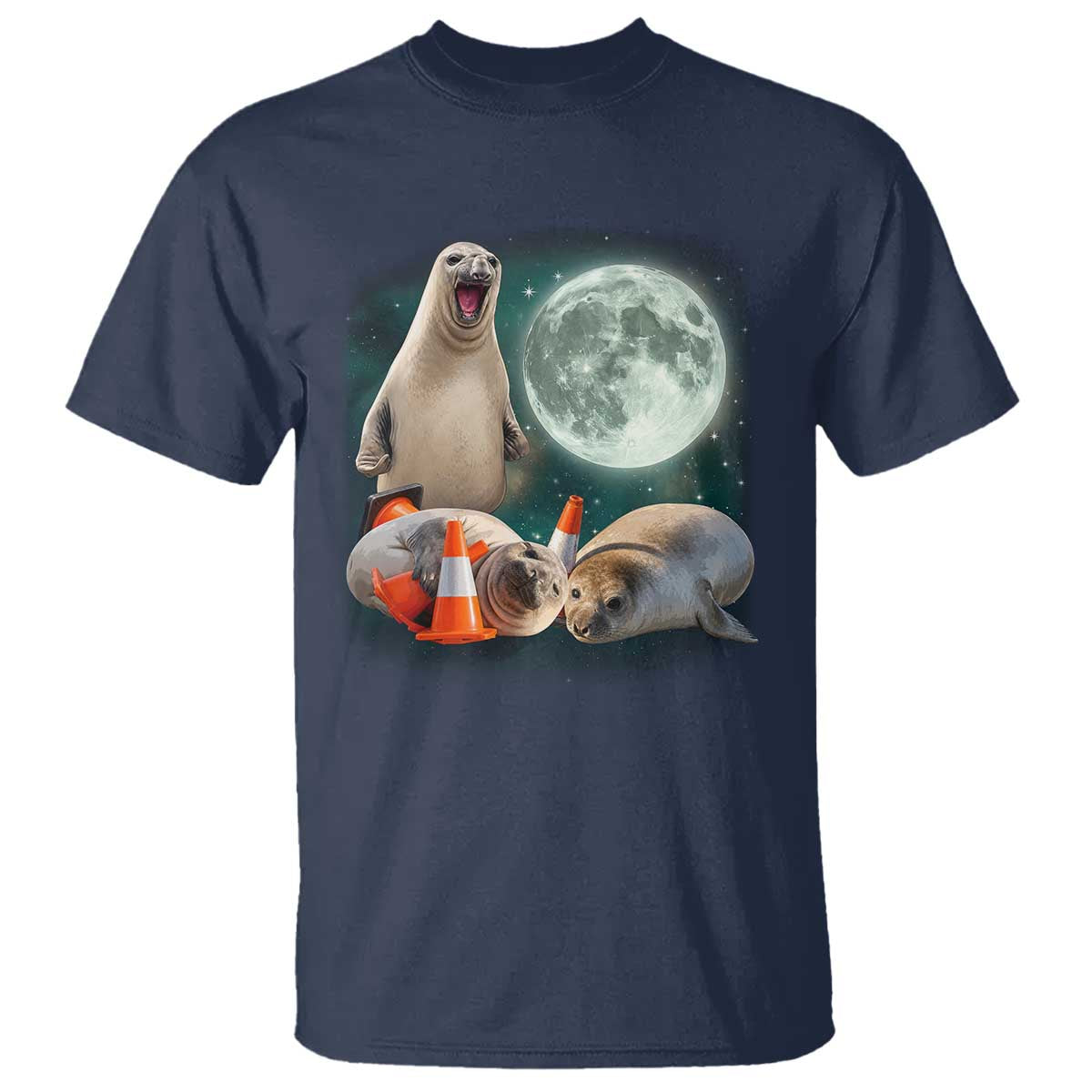 Funny Neil The Seal Howling at Moon 90s Retro T Shirt TS11 Navy Print Your Wear