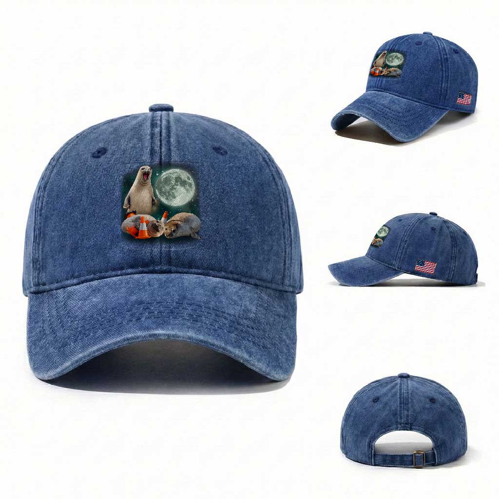 Funny Neil The Seal Howling at Moon 90s Retro Washed Cotton Baseball Cap TS11 Washed Cap Universal Fit Royal Blue Print Your Wear